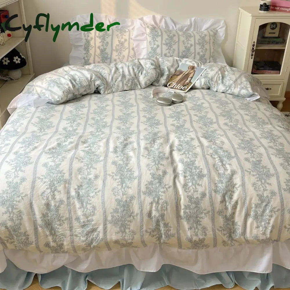 Cyflymder Korean Style Princess Floral Washed Cotton Bedding Set Vintage French Pastoral Flowers Lace ruffles Duvet