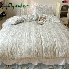Cyflymder Korean Style Princess Floral Washed Cotton Bedding Set Vintage French Pastoral Flowers Lace ruffles Duvet