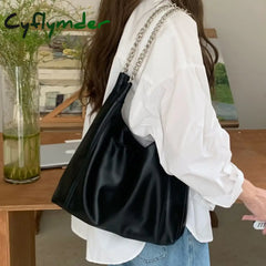 Cyflymder Korean Style Shoulder Bag New Solid Color Pu Leather Chain Handbag Large Capacity Daily