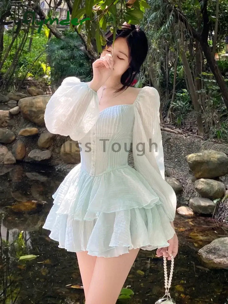 Cyflymder Korean Style Sweet Party Mini Dress Women Green Chiffon France Elegant Female Bubble