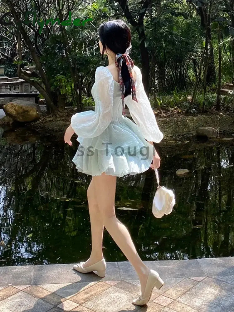 Cyflymder Korean Style Sweet Party Mini Dress Women Green Chiffon France Elegant Female Bubble