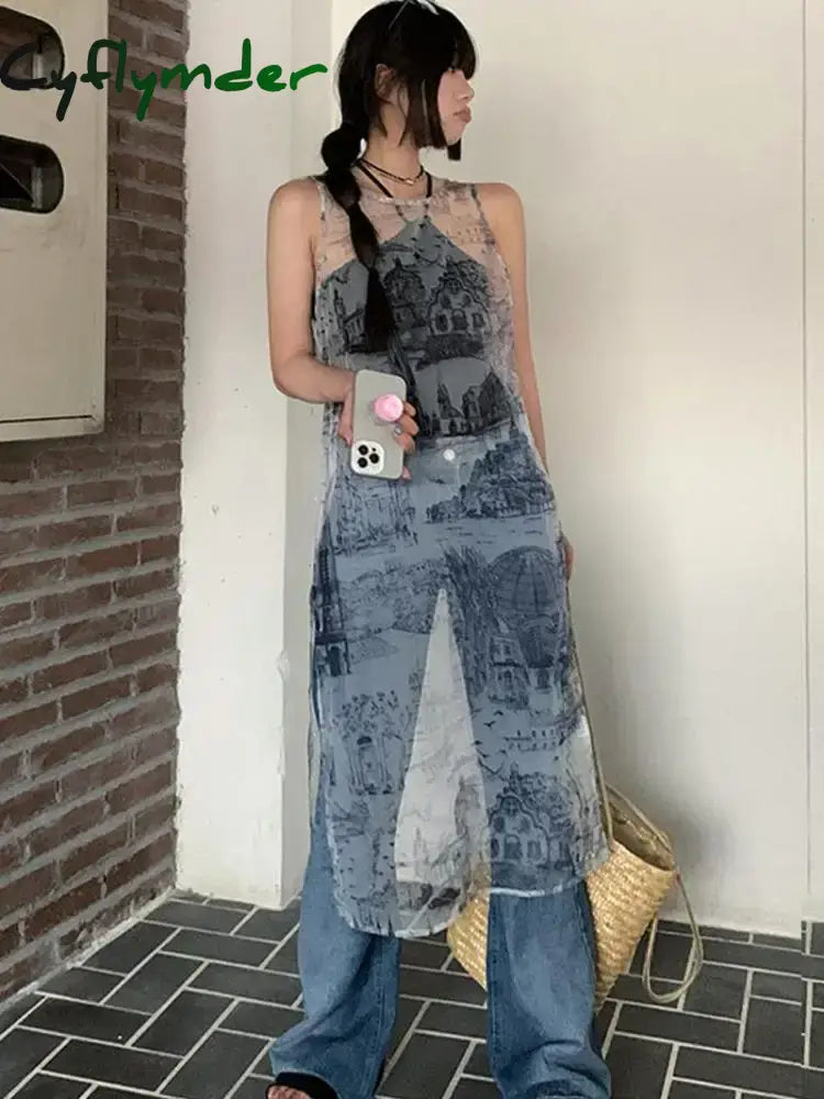Cyflymder Korean Style Vintage Dress Women Sleeveless Y2K Rero Print Dresses Streetwear Mesh See