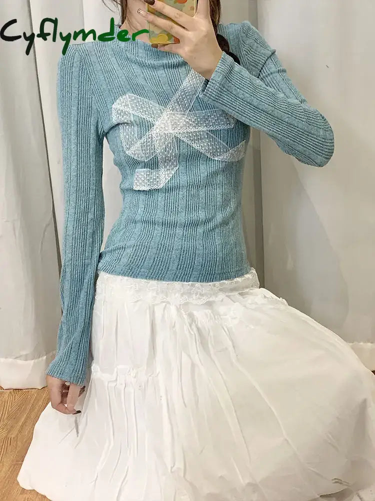Cyflymder Korean Style Y2k Knitted Pullover Women Bow Lace Long Sleeve Sweaters Harajuku Vintage Patchwork Knitwear