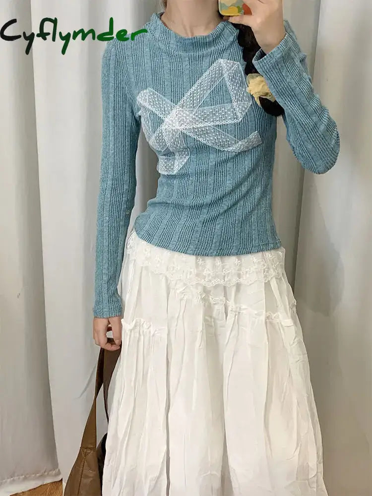 Cyflymder Korean Style Y2k Knitted Pullover Women Bow Lace Long Sleeve Sweaters Harajuku Vintage Patchwork Knitwear