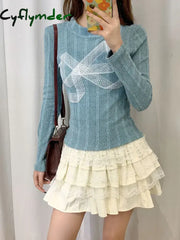 Cyflymder Korean Style Y2k Knitted Pullover Women Bow Lace Long Sleeve Sweaters Harajuku Vintage Patchwork Knitwear