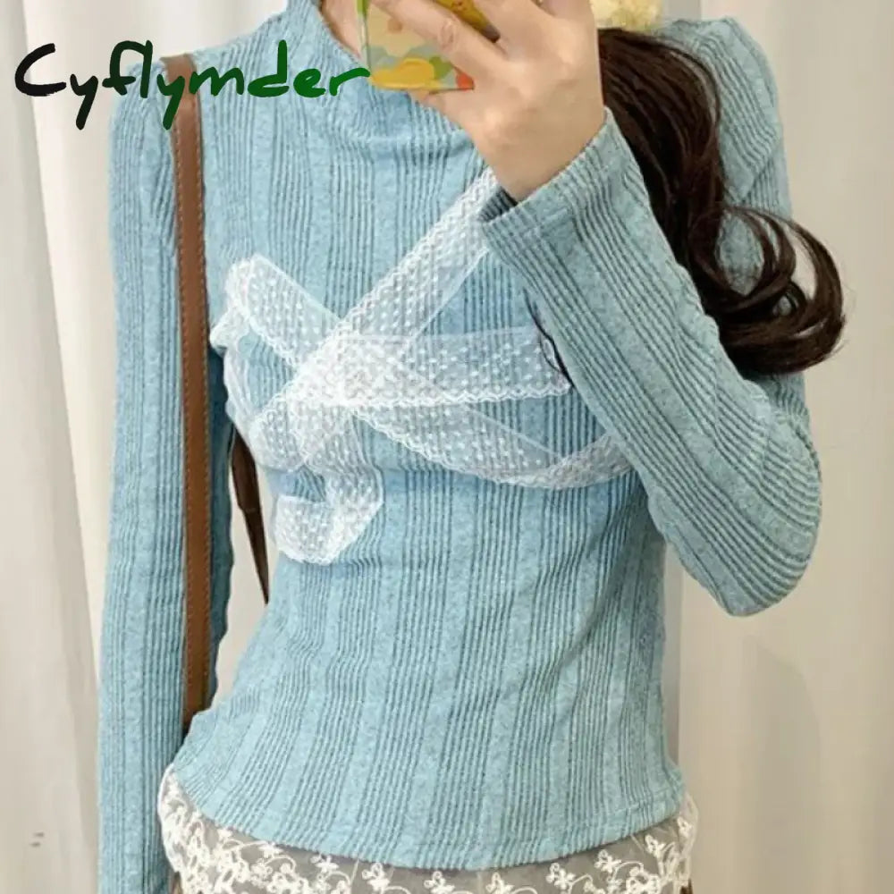 Cyflymder Korean Style Y2k Knitted Pullover Women Bow Lace Long Sleeve Sweaters Harajuku Vintage Patchwork Knitwear