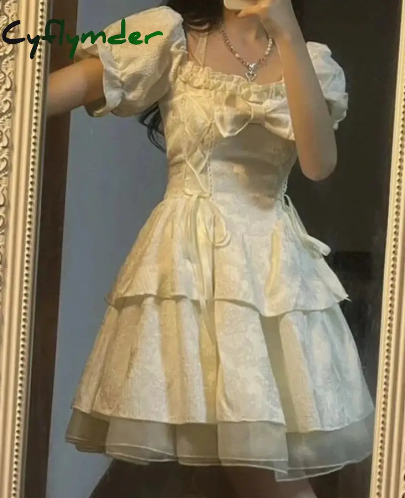Cyflymder Korean Sweet Kawaii Dress Women Summer 2024 White Japanese Cute Party Mini Fairy Bubble