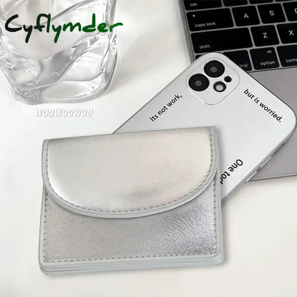 Cyflymder Korean Version Silver Simple Cover Type Coin Wallet Ins Student Wallet Female Card Bag Short Purses for Women