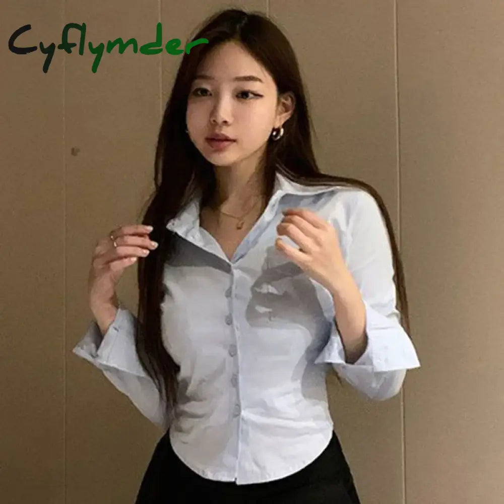 Cyflymder Korean White Office Women Chiffon Shirt Pocket Button Lapel Ladies Blouse Spring Commuter Long Sleeve New