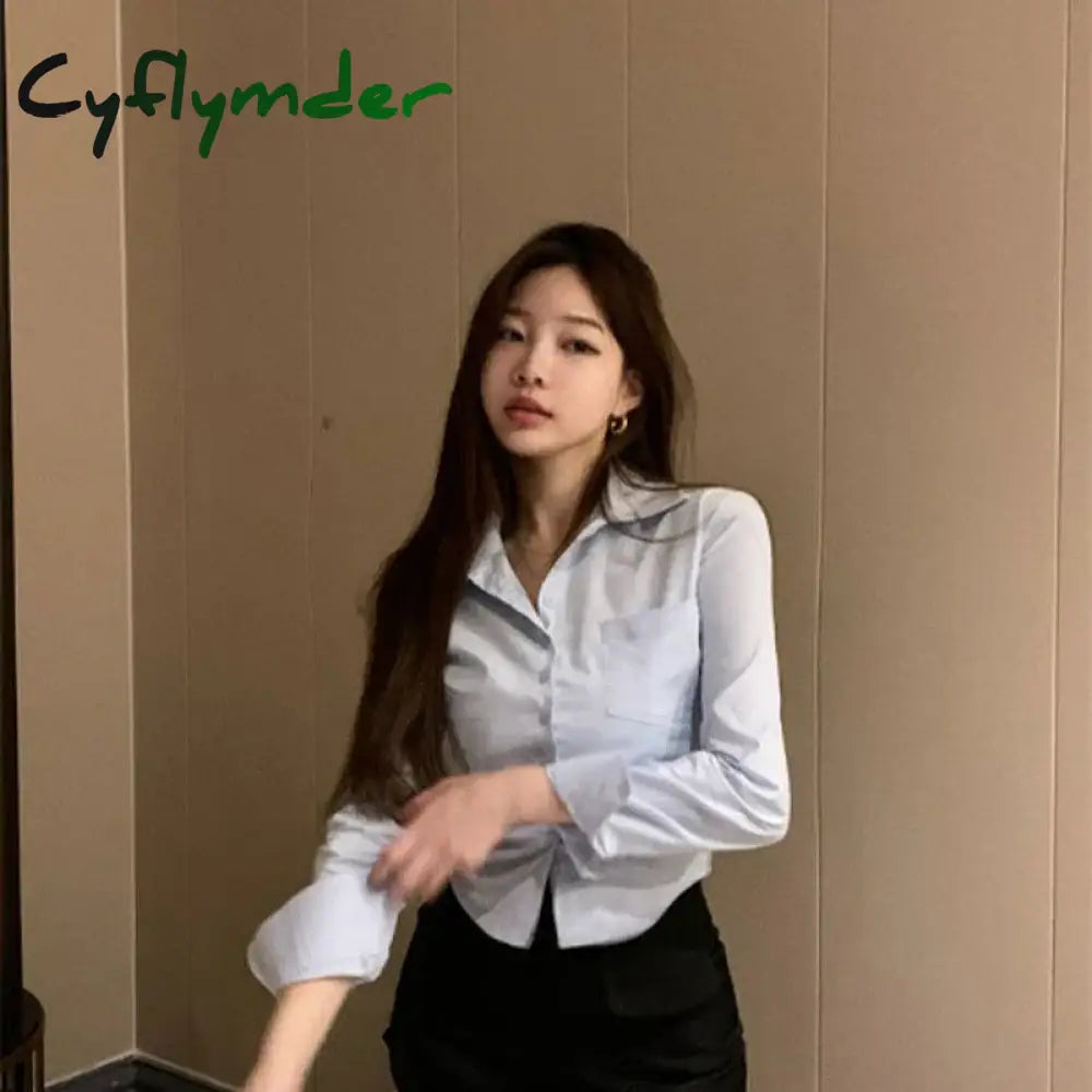 Cyflymder Korean White Office Women Chiffon Shirt Pocket Button Lapel Ladies Blouse Spring Commuter Long Sleeve New