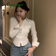 Korean White Office Women Chiffon Shirt Pocket Button Lapel Ladies Blouse Spring Commuter Long Sleeve New Female Crop Tops