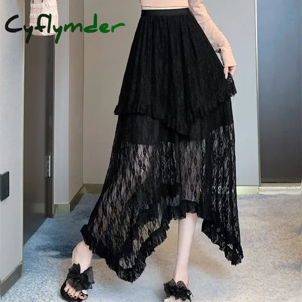 Cyflymder Lace Fairycore Tulle Women Skirt Sweet Ruffle White Skirts Vintage Korean Style