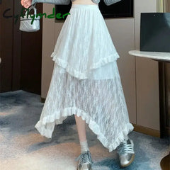 Cyflymder Lace Fairycore Tulle Women Skirt Sweet Ruffle White Skirts Vintage Korean Style