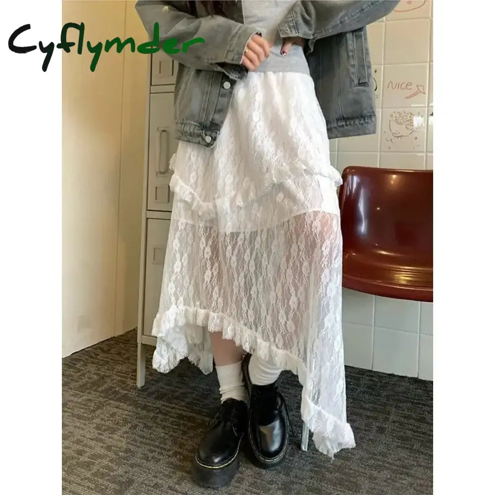 Lace Fairycore Tulle Women Skirt Sweet Ruffle White Skirts Vintage Korean Style Streetwear Patchwork Irregular Skirt