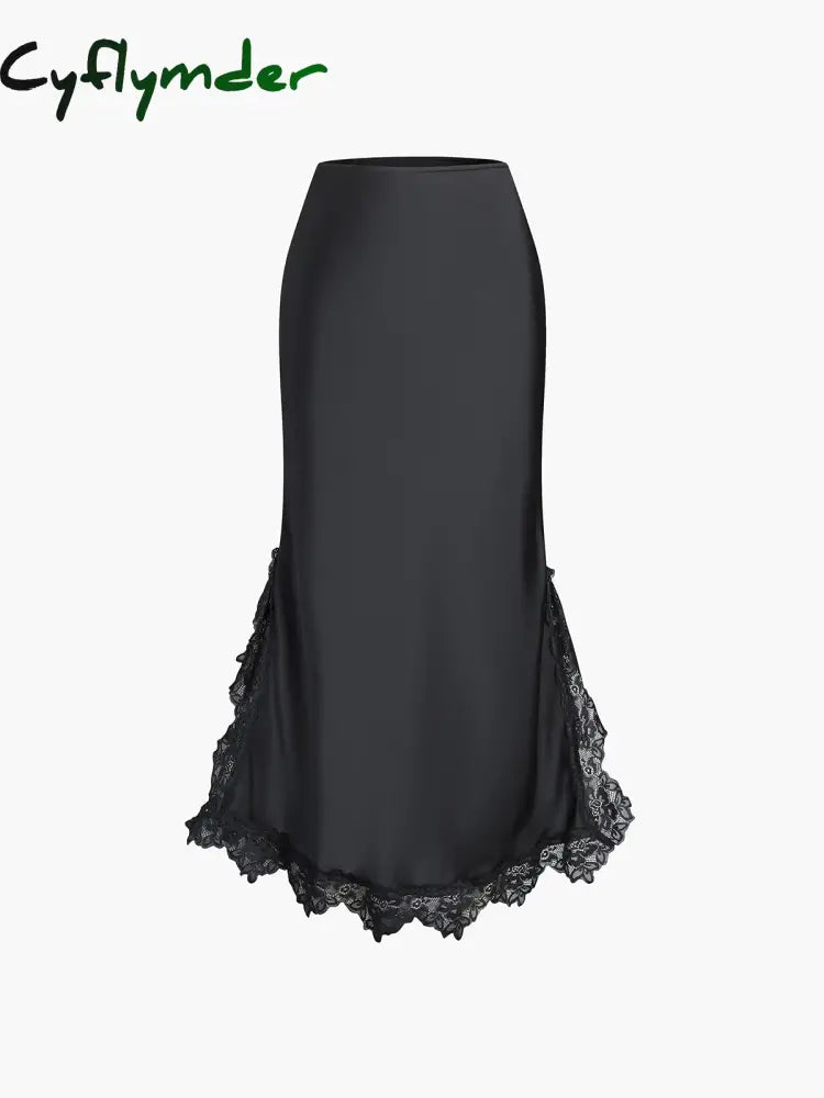 Cyflymder- Lace Hem Satin Zippered Maxi Skirt Black / Xs Skirts