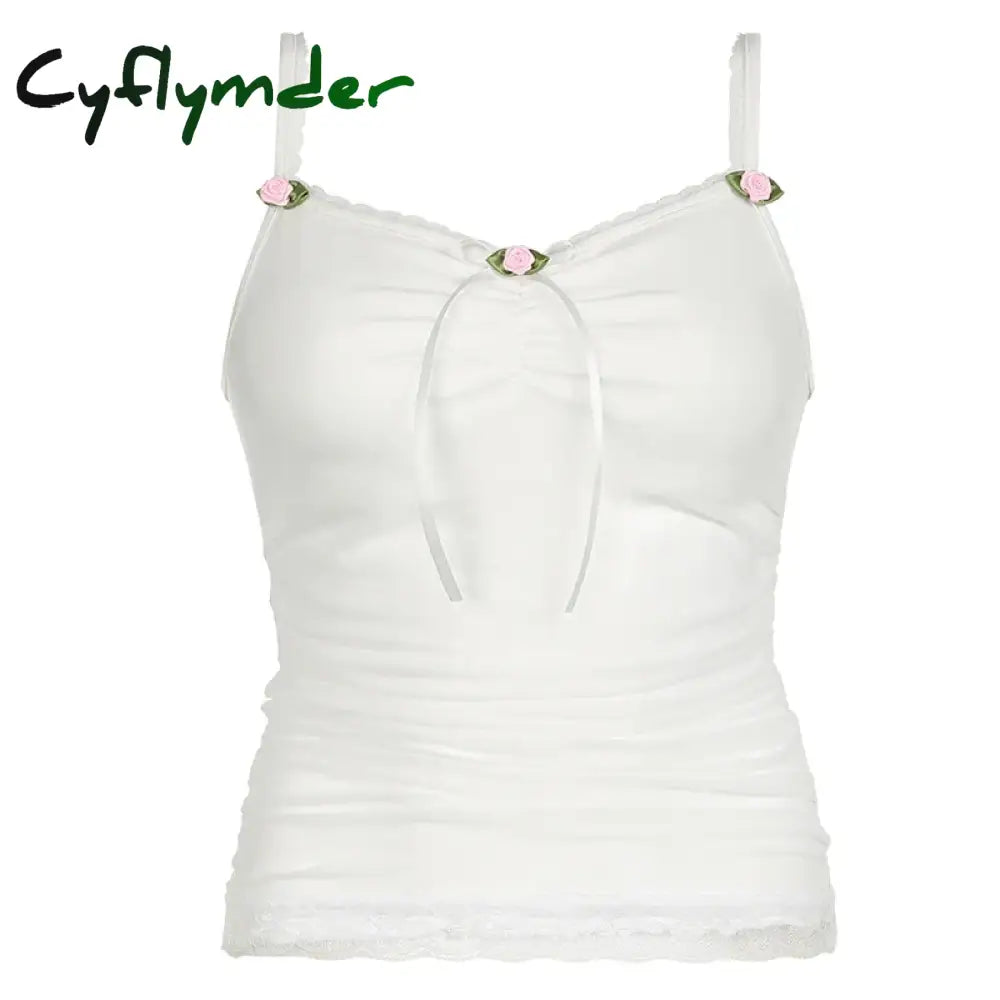 Cyflymder Lace Patchwork Solid Camis Sleeveless Bow Spagetti Strap Y2K Top Aesthetic 90s Harajuku Cute Women’s White