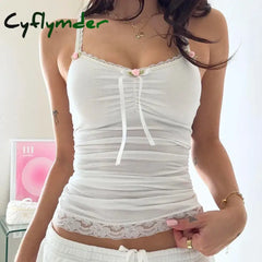 Cyflymder Lace Patchwork Solid Camis Sleeveless Bow Spagetti Strap Y2K Top Aesthetic 90s Harajuku Cute Women’s White