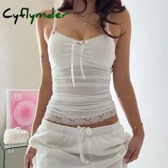 Cyflymder Lace Patchwork Solid Camis Sleeveless Bow Spagetti Strap Y2K Top Aesthetic 90s Harajuku Cute Women’s White
