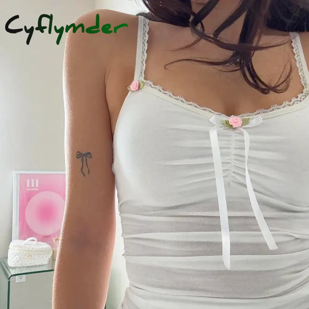 Cyflymder Lace Patchwork Solid Camis Sleeveless Bow Spagetti Strap Y2K Top Aesthetic 90s Harajuku Cute Women’s White