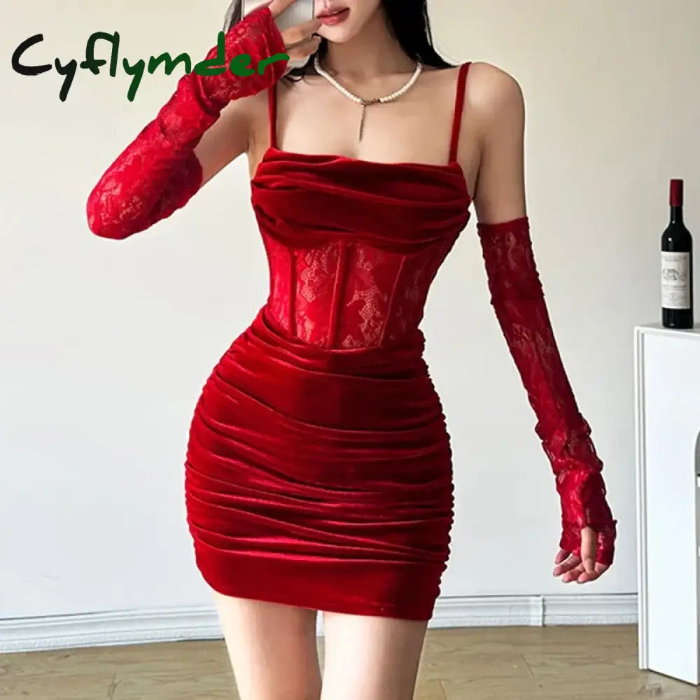 Cyflymder Lace Patchwork Velvet Sexy Dress With Oversleeves Women Spaghetti Strap Square Collar