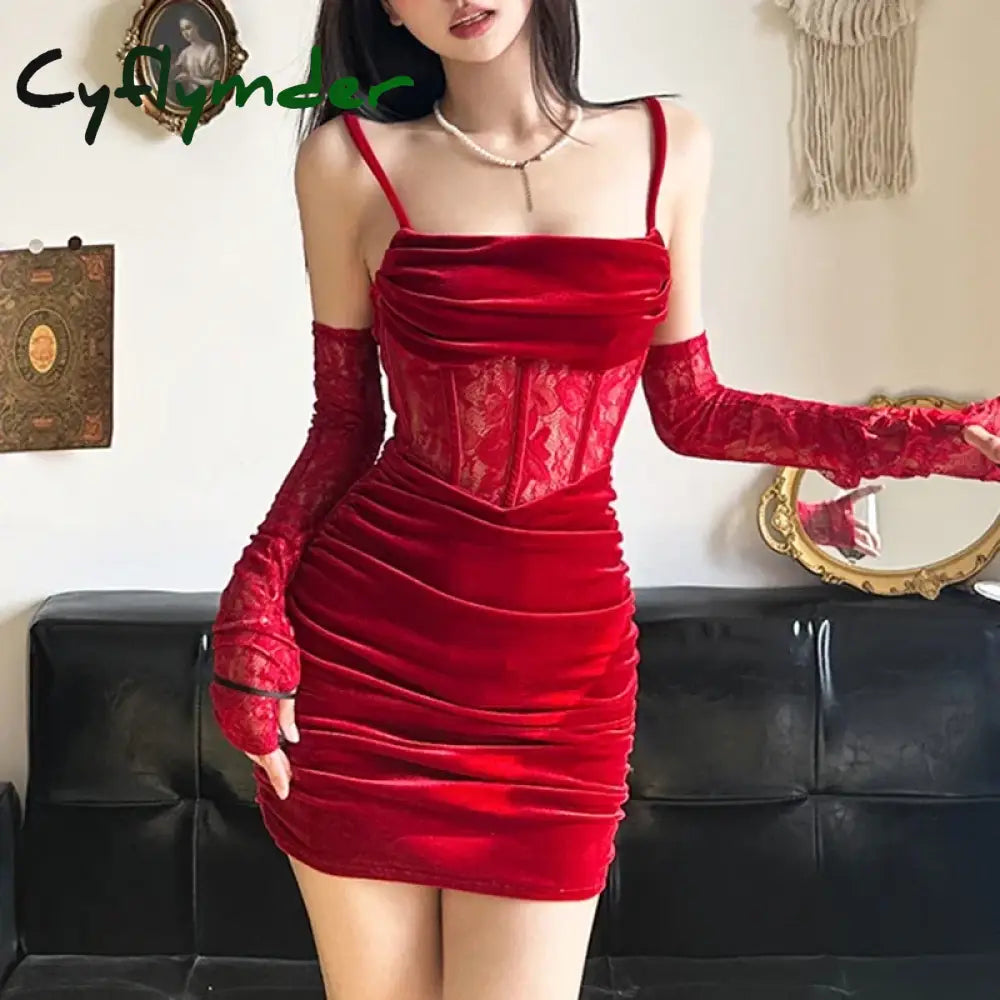 Cyflymder Lace Patchwork Velvet Sexy Dress With Oversleeves Women Spaghetti Strap Square Collar