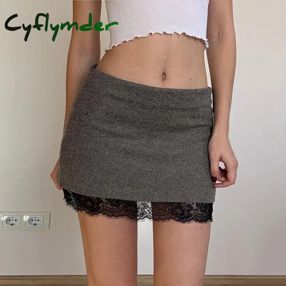 Cyflymder Lace Patchwork Wrap Short Skirt Y2K Women Casual Gray Elegant Mini Skirt Spring Summer Fashion Streetwear