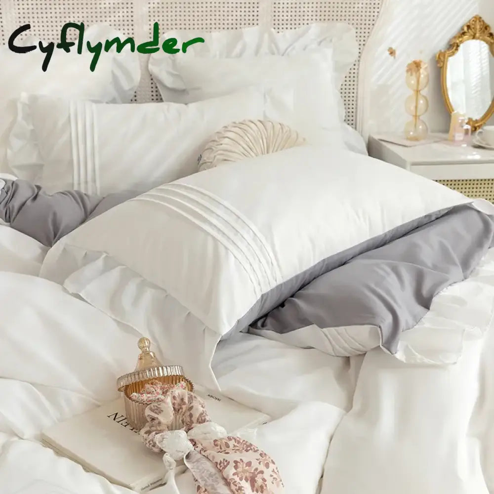 Cyflymder Lace Ruffles Bedding Set White and Gray Color Bedclothes for Boys/Girls Full Size Quilt Cover Sets Queen/King