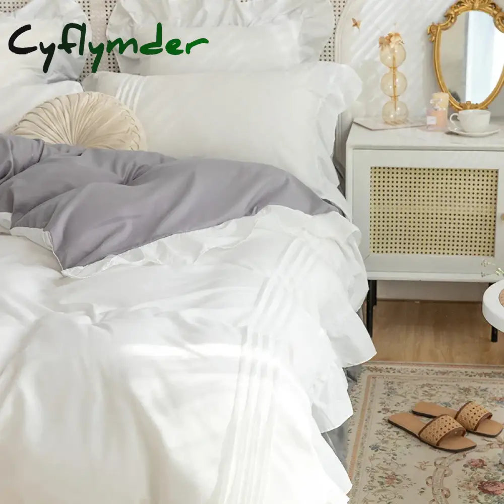 Cyflymder Lace Ruffles Bedding Set White and Gray Color Bedclothes for Boys/Girls Full Size Quilt Cover Sets Queen/King