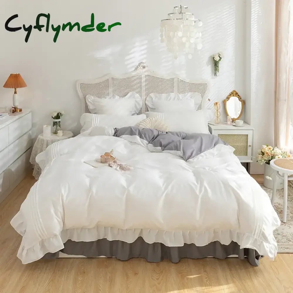 Cyflymder Lace Ruffles Bedding Set White and Gray Color Bedclothes for Boys/Girls Full Size Quilt Cover Sets Queen/King