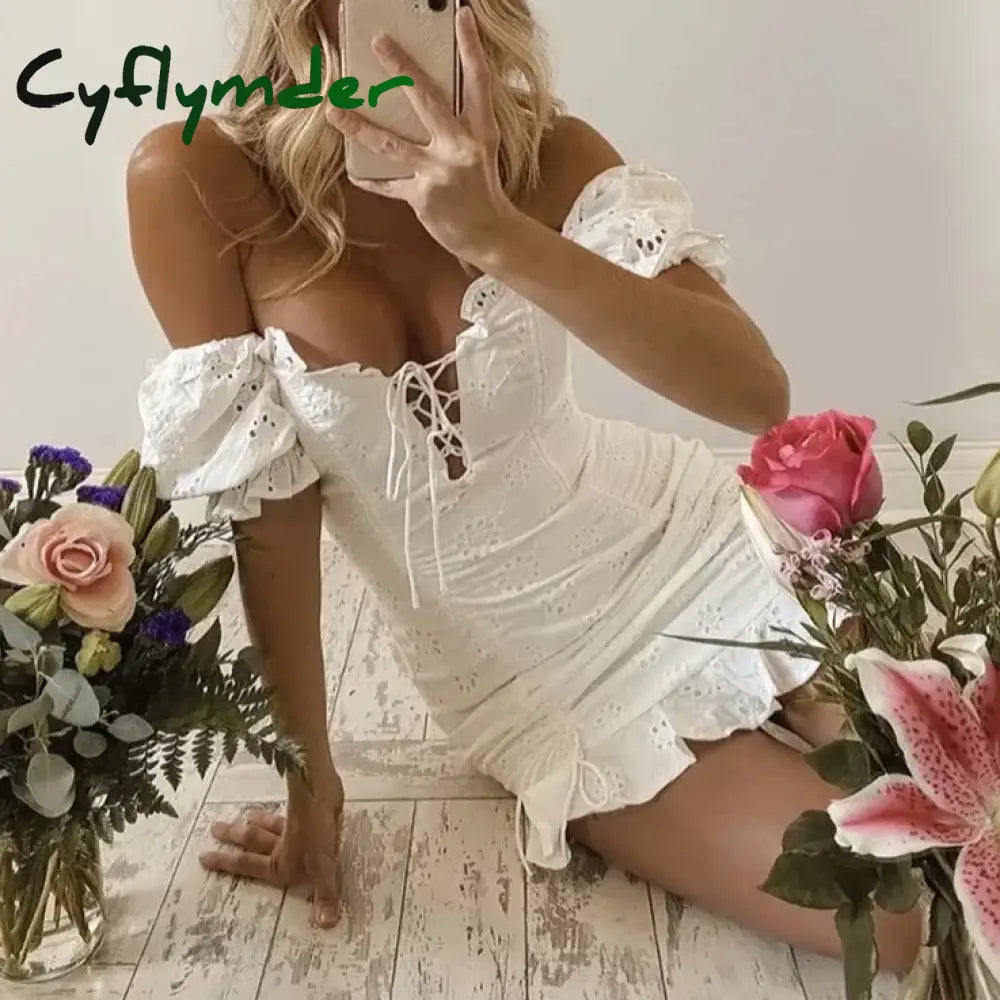 Cyflymder Lace Up Embriodery White Summer Dress Women Hollow Out Beach Short Puff Sleeve Ruffle