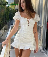 Cyflymder Lace Up Embriodery White Summer Dress Women Hollow Out Beach Short Puff Sleeve Ruffle