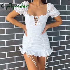 Cyflymder Lace Up Embriodery White Summer Dress Women Hollow Out Beach Short Puff Sleeve Ruffle