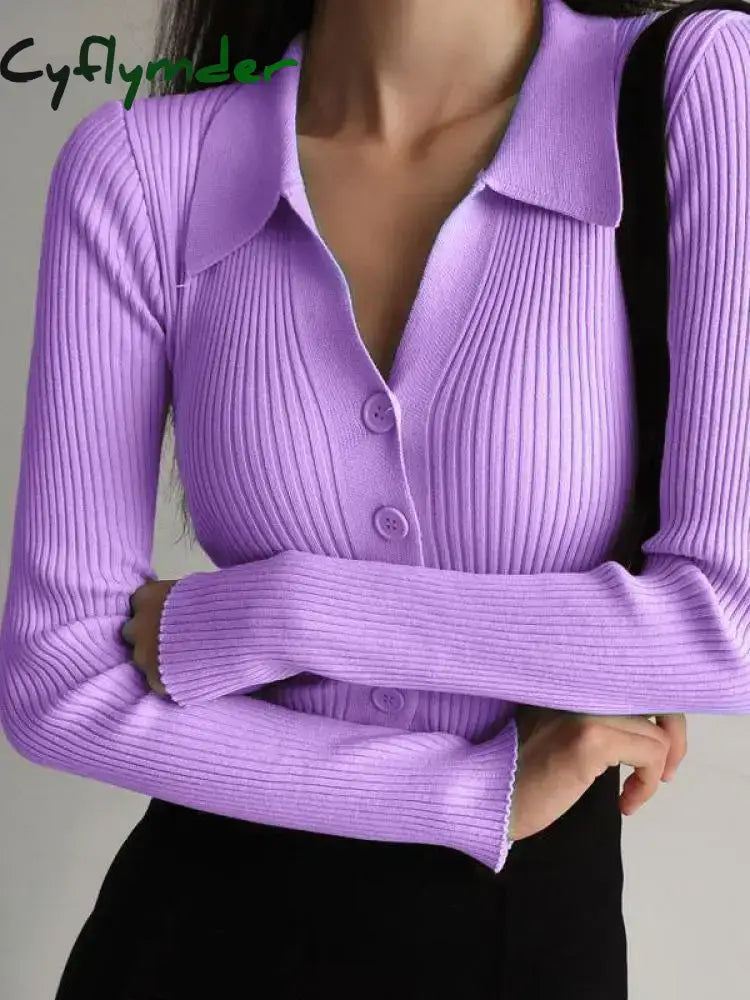 Cyflymder Ladies Buttons Sexy V Neck Long Sleeve Polo Knit Cardigan Sweater Women Lapel Slim Tops