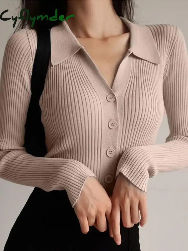 Cyflymder Ladies Buttons Sexy V Neck Long Sleeve Polo Knit Cardigan Sweater Women Lapel Slim Tops