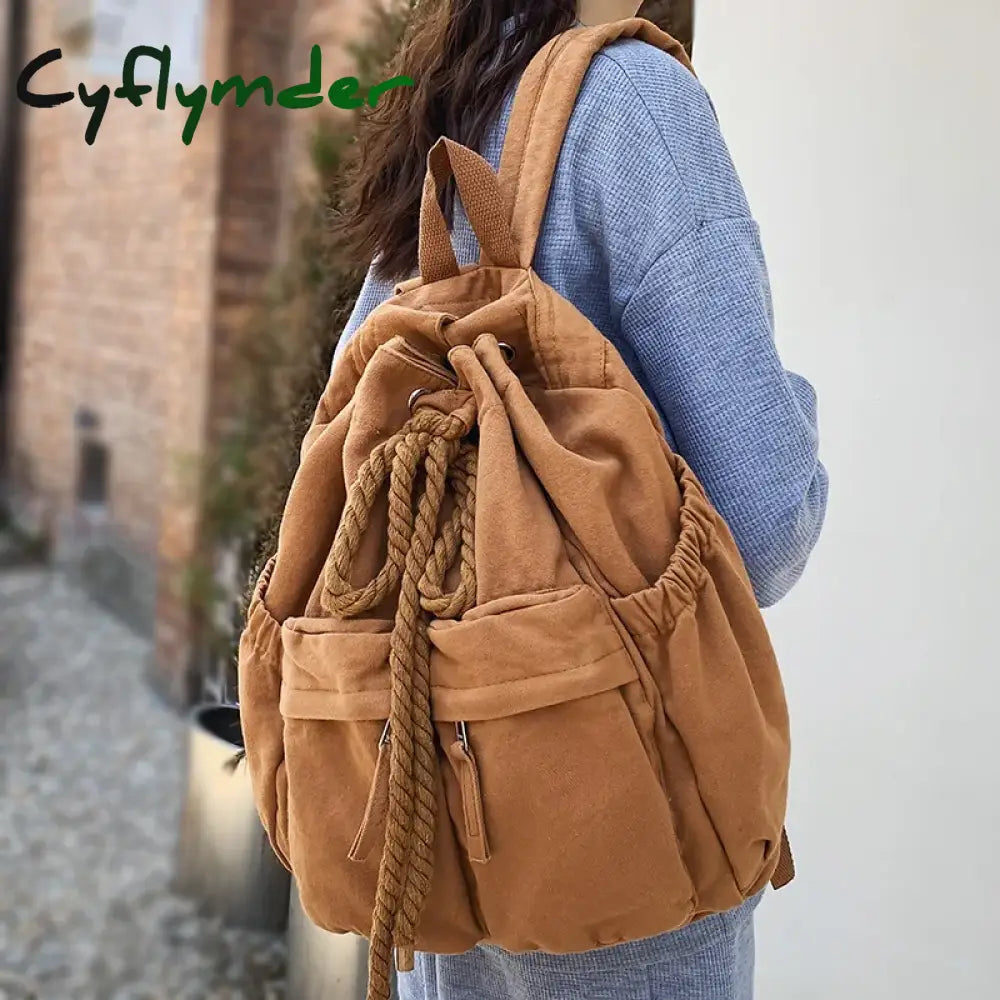 Cyflymder Ladies Canvas Vintage Girl Leisure Drawstring Book Bag Female Brown Laptop College