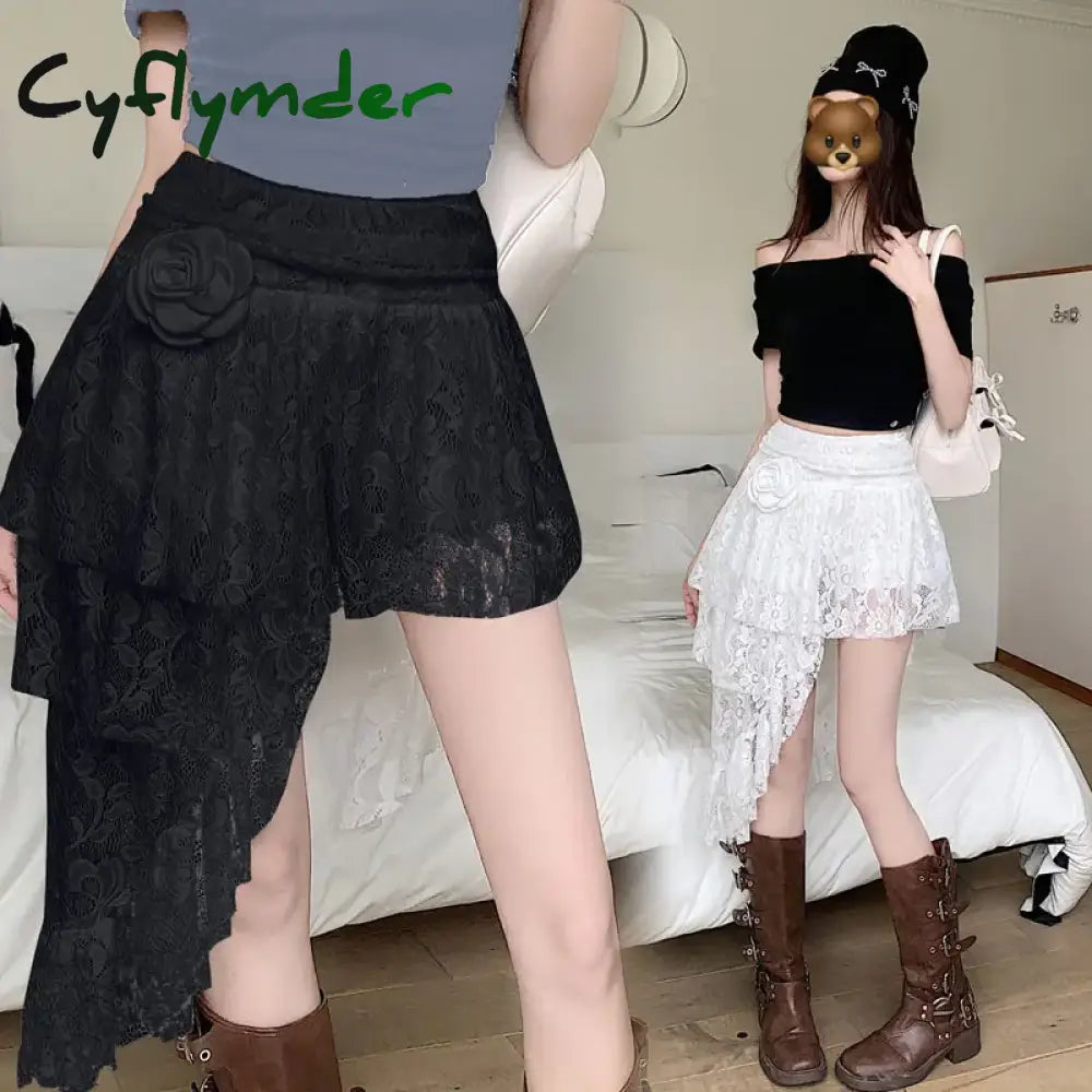 Cyflymder Ladies Fashion Sexy Hollowing Out Lace Skirts Women Clothes Girls Summer Asymmetry Black