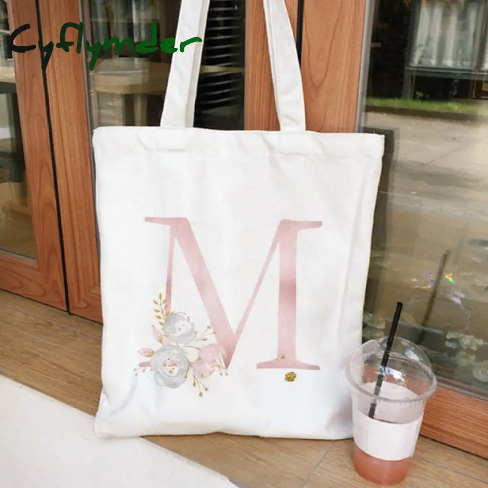 Cyflymder Ladies Handbags Cloth Canvas Tote Bag Floral Letters Pattern Shopping Travel Women Eco