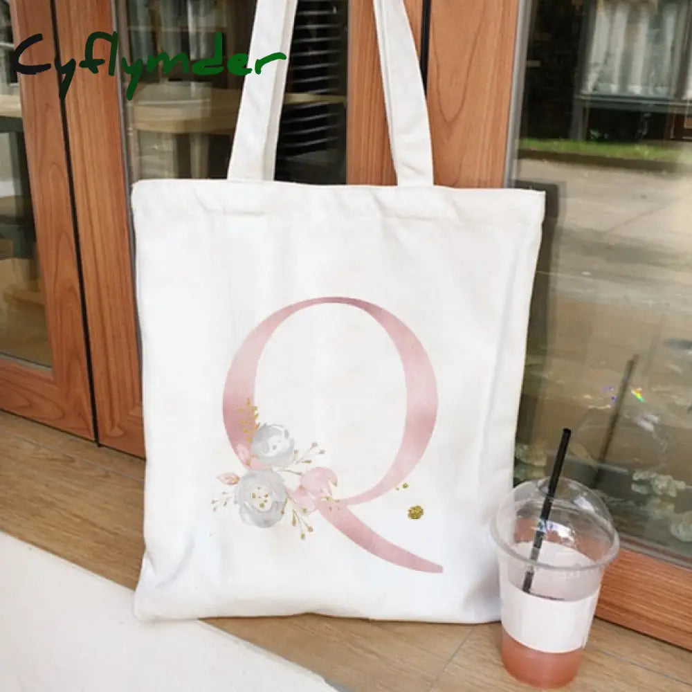 Cyflymder Ladies Handbags Cloth Canvas Tote Bag Floral Letters Pattern Shopping Travel Women Eco