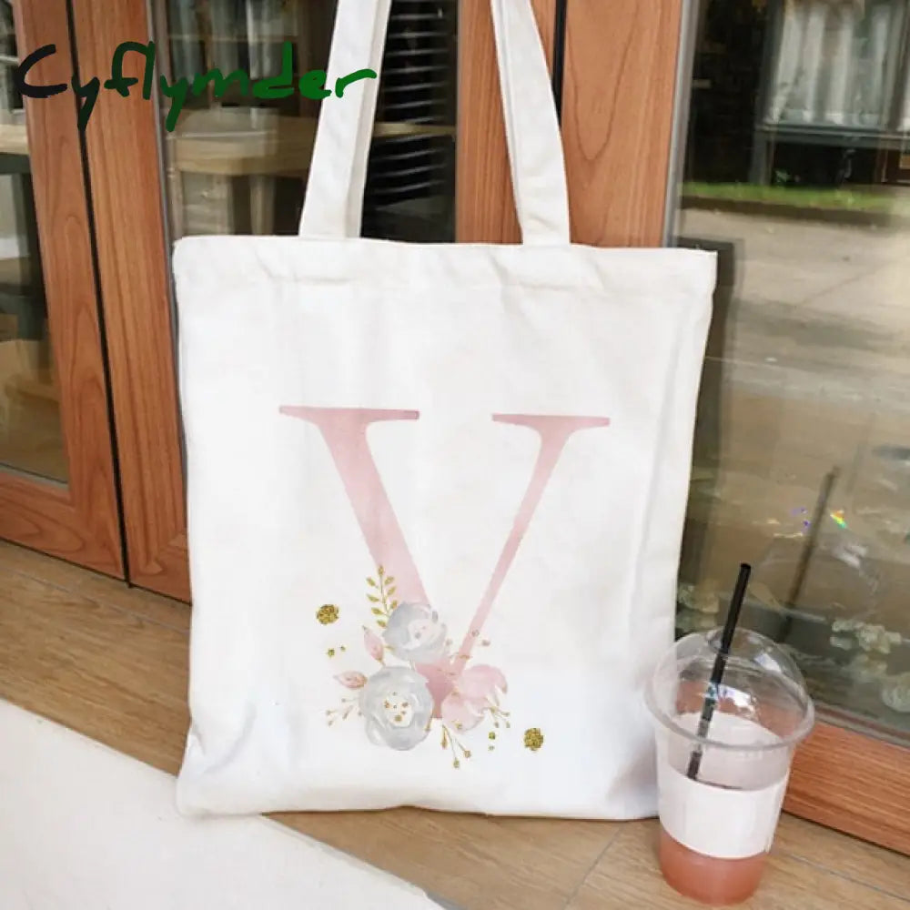 Cyflymder Ladies Handbags Cloth Canvas Tote Bag Floral Letters Pattern Shopping Travel Women Eco