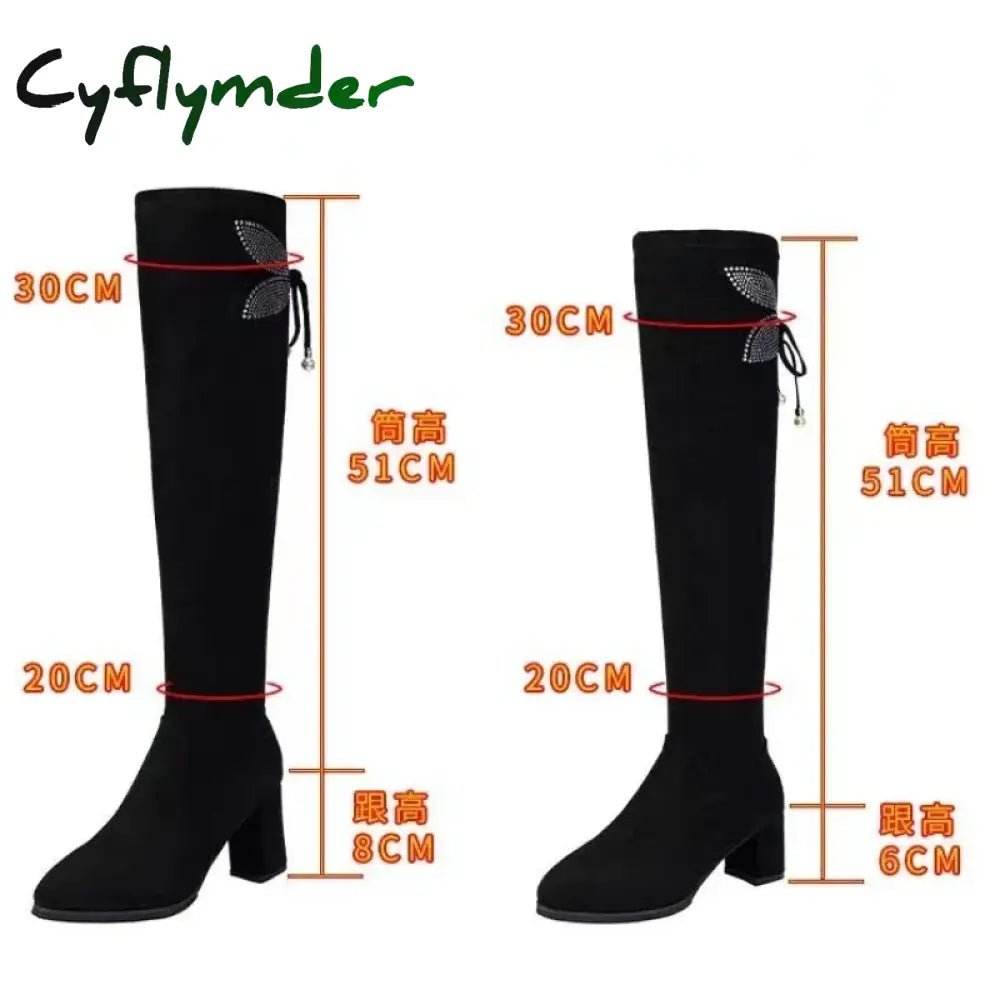 Cyflymder Ladies High Heels Fashion Pointed Toe Women’s Over-the-Knee Boots Slim Slimming Black High Boots Bota Camurca