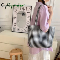 Cyflymder Ladies New Style Canvas Fabric Plaid Shoulder Bag Fashion Simple Handbag Large Casual