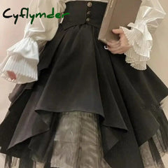 Cyflymder Ladies Set White Half High Neck Lantern Sleeve Shirt + Black Girdling Spliced Skirt Bow Gothic Lolita Single
