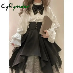 Cyflymder Ladies Set White Half High Neck Lantern Sleeve Shirt + Black Girdling Spliced Skirt Bow Gothic Lolita Single