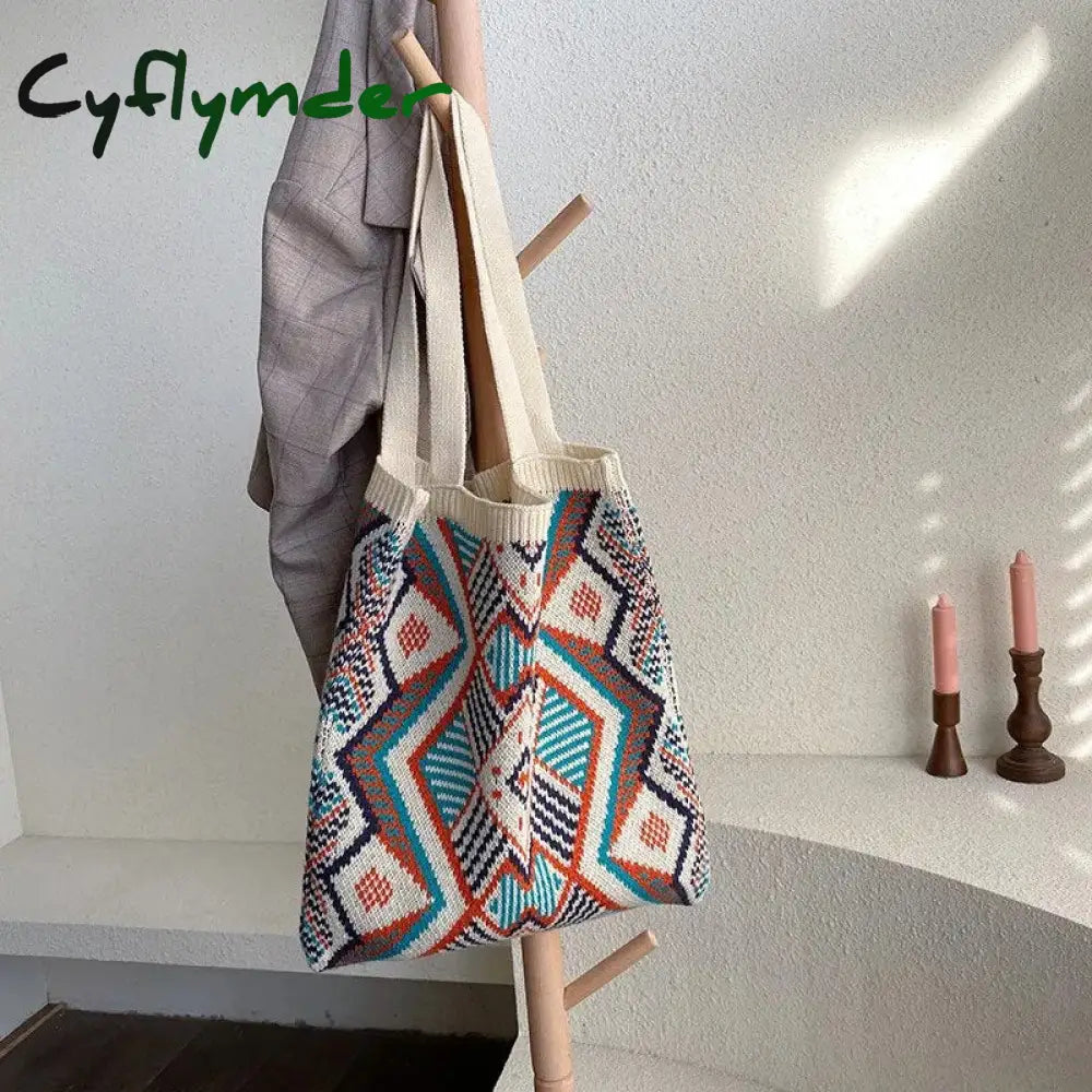 Cyflymder Lady Knitting Gypsy Bohemian Boho Chic Aztec Tote Bag Women Crochet Woolen Open Shopper