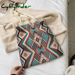 Cyflymder Lady Knitting Gypsy Bohemian Boho Chic Aztec Tote Bag Women Crochet Woolen Open Shopper