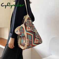 Cyflymder Lady Knitting Gypsy Bohemian Boho Chic Aztec Tote Bag Women Crochet Woolen Open Shopper