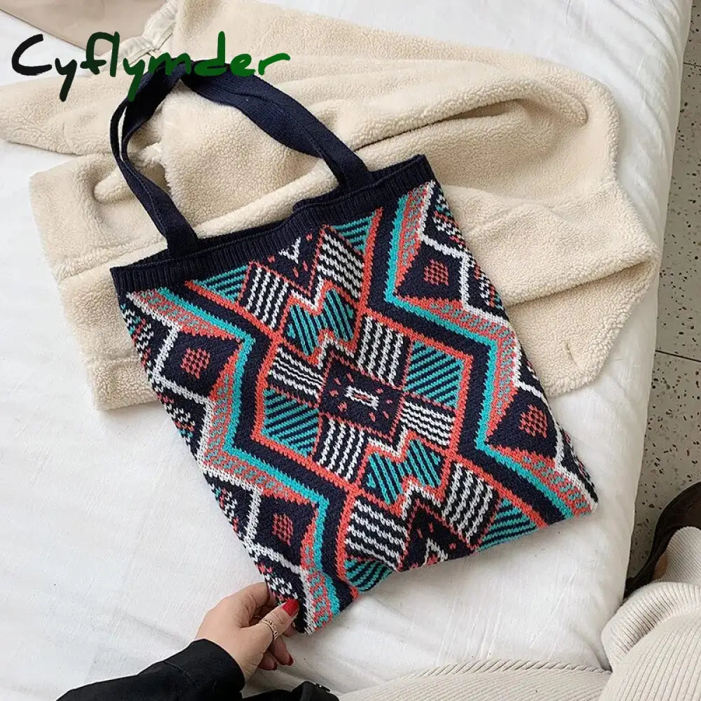 Cyflymder Lady Knitting Gypsy Bohemian Boho Chic Aztec Tote Bag Women Crochet Woolen Open Shopper