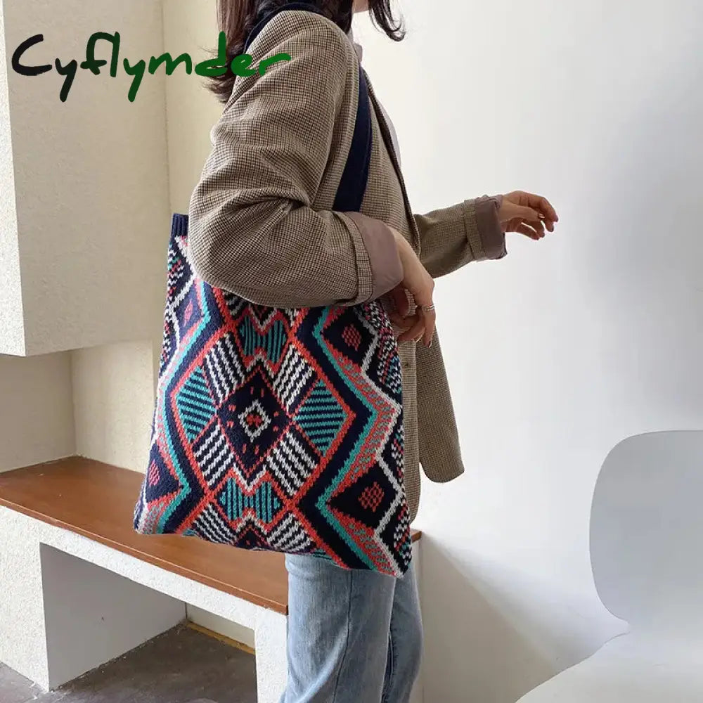 Cyflymder Lady Knitting Gypsy Bohemian Boho Chic Aztec Tote Bag Women Crochet Woolen Open Shopper