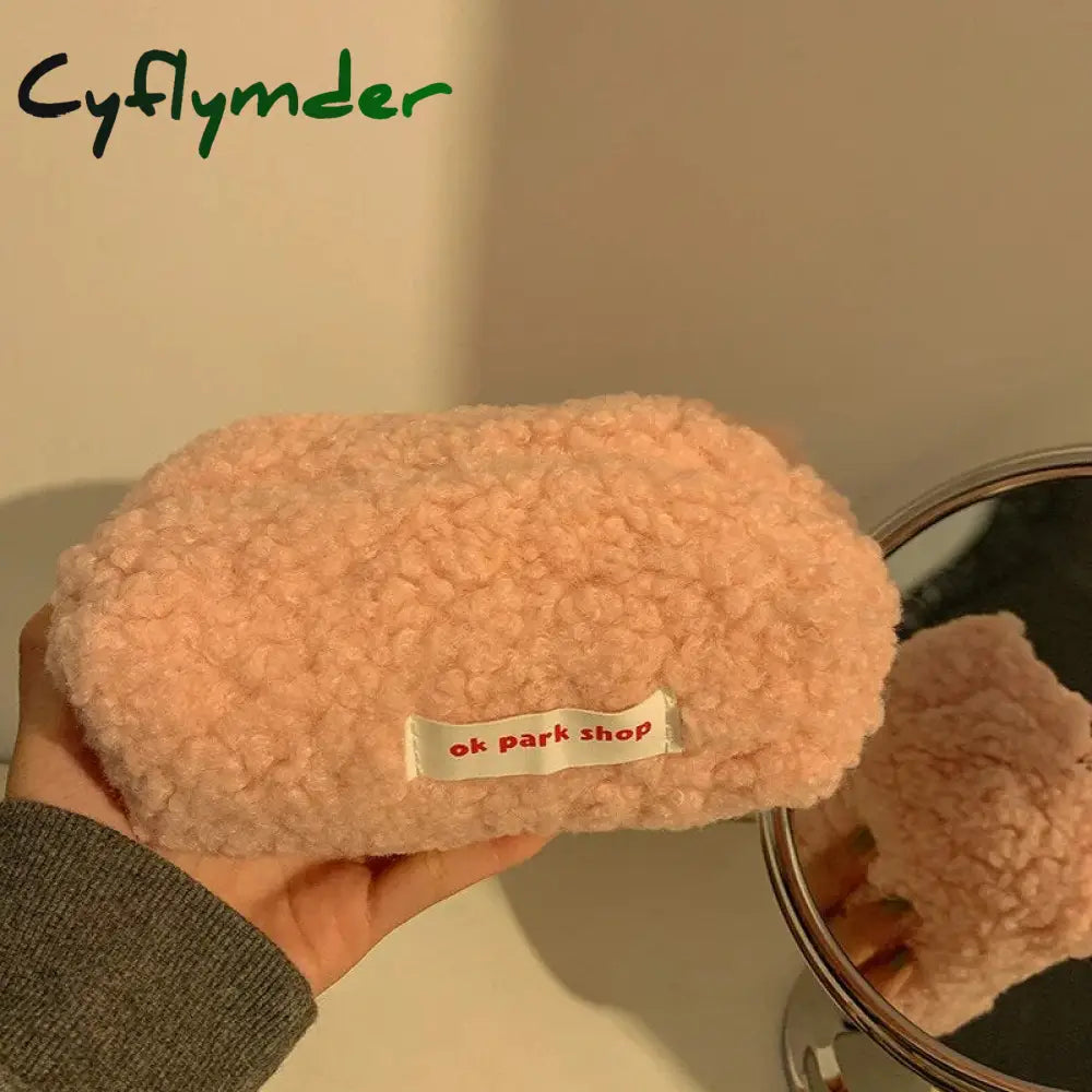 Cyflymder Lamb Hair Cosmetic Bag Plush Storage Cute Stationery Large Capacity Travel Makeup