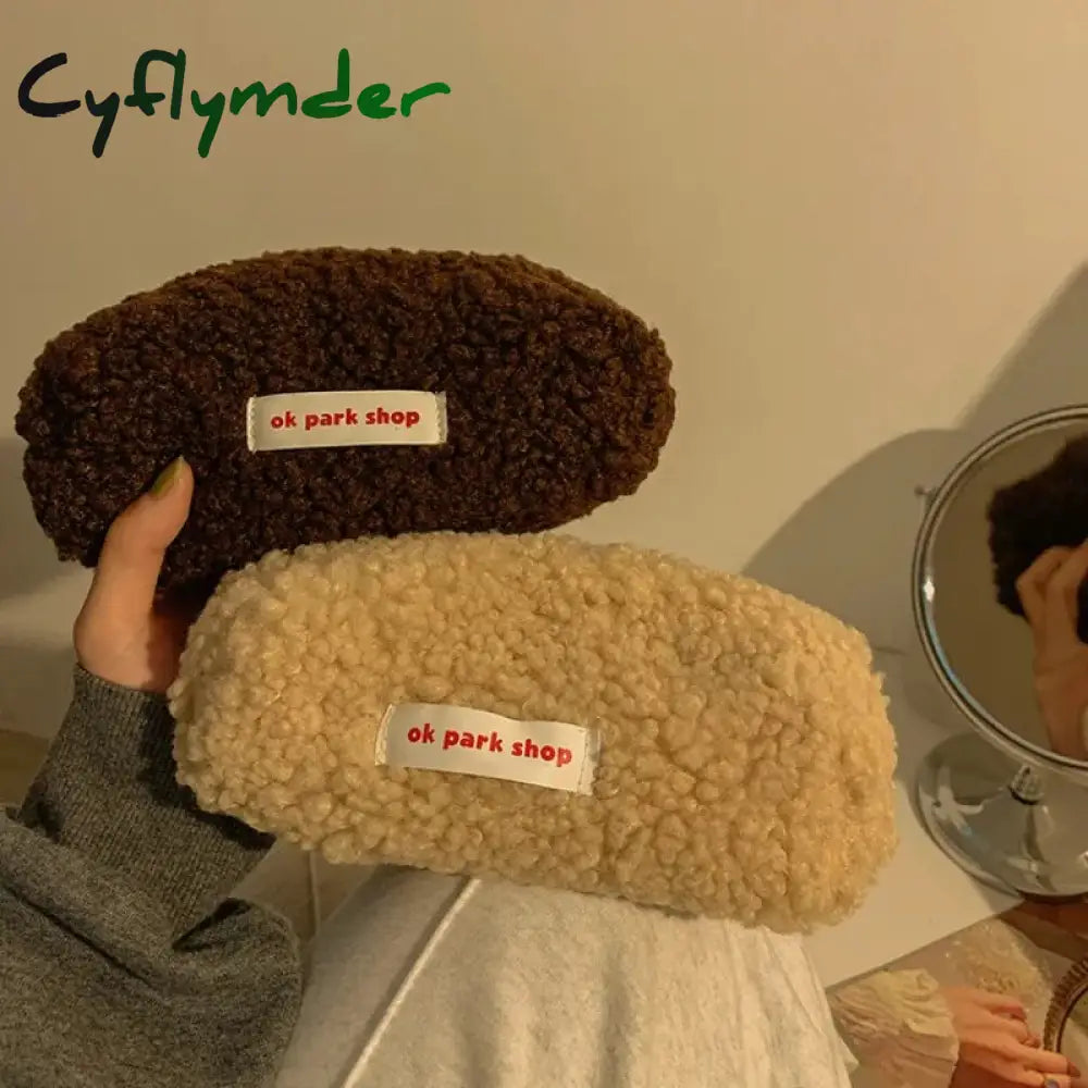 Cyflymder Lamb Hair Cosmetic Bag Plush Storage Cute Stationery Large Capacity Travel Makeup